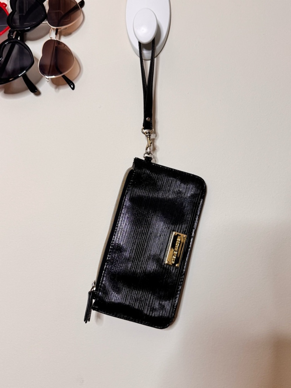 Steve Madden Black Patent Wristlet with Gold Plaque